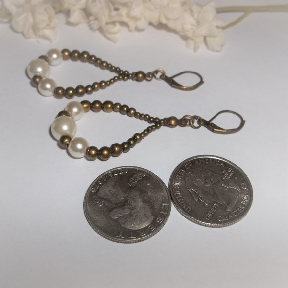 Hoops White Faux Pearl and Bronze Boho Style Jewelry Gift Idea for Her Set 7043 - Picture 5 of 6